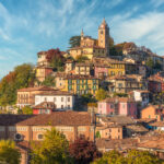 Panoramic sight of Monforte d'Alba village during fall season. Langhe region of Piedmont, Cuneo, Italy.