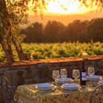 Outdoor table with vineyard background in italy